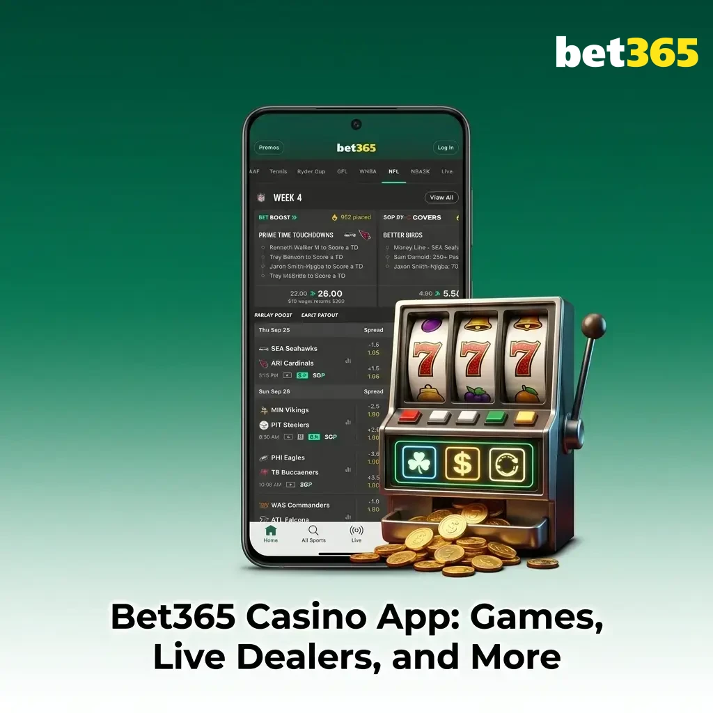 Bet365 casino app interface showing live dealer games, slots, and table games like blackjack and roulette