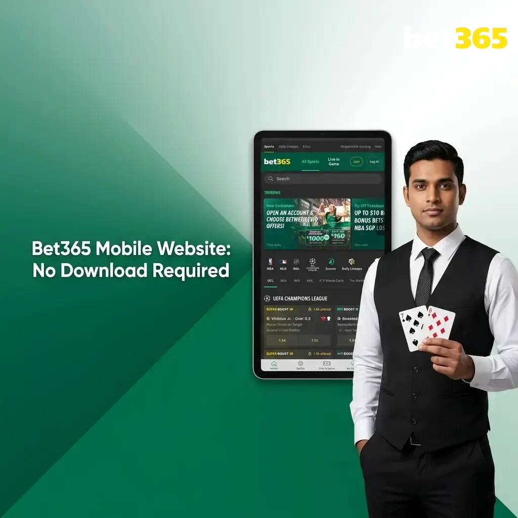 Bet365 mobile website interface on smartphone showing sports betting and casino features without app download