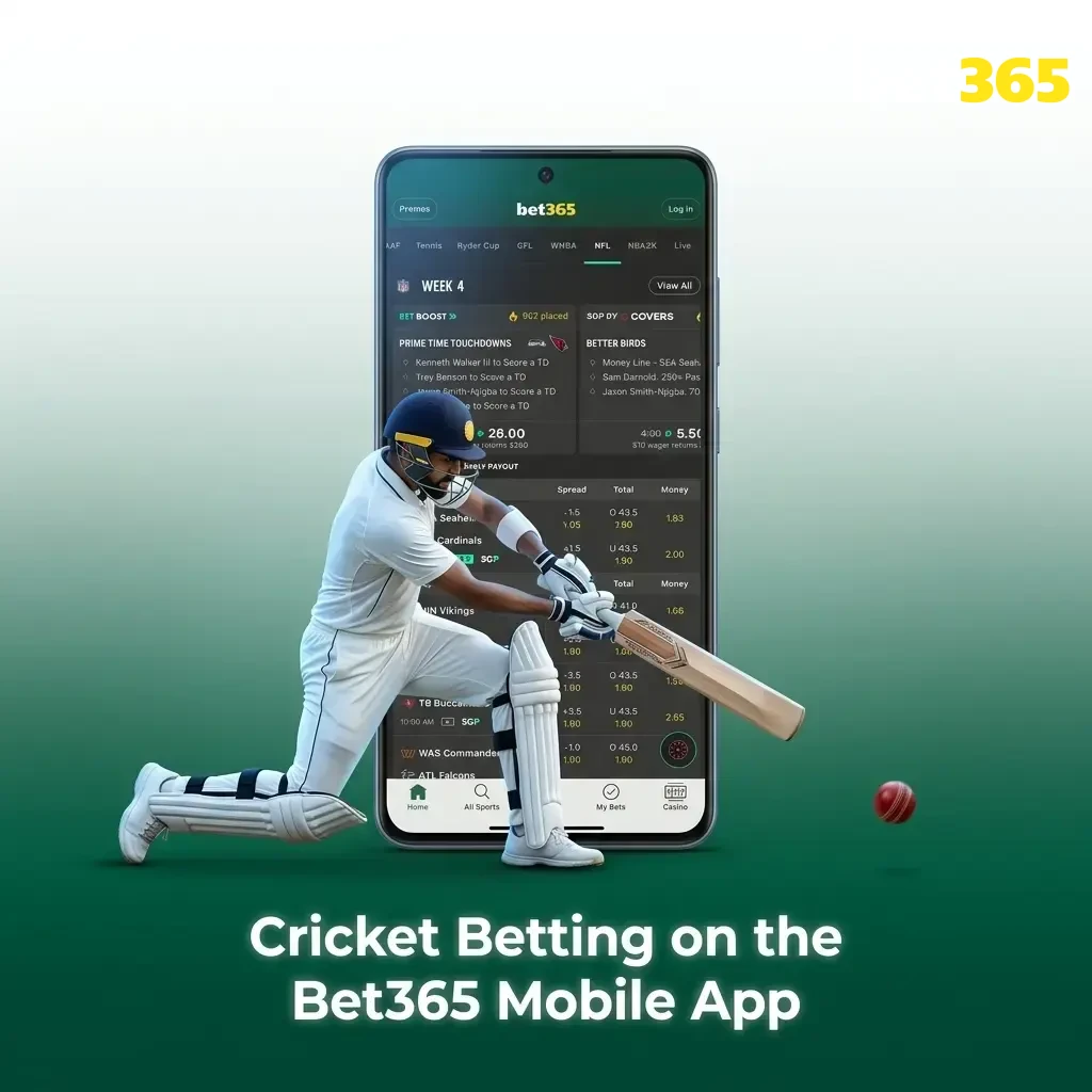 Bet365 mobile app interface showing cricket betting markets, live streaming, and bet placement on Android and iOS