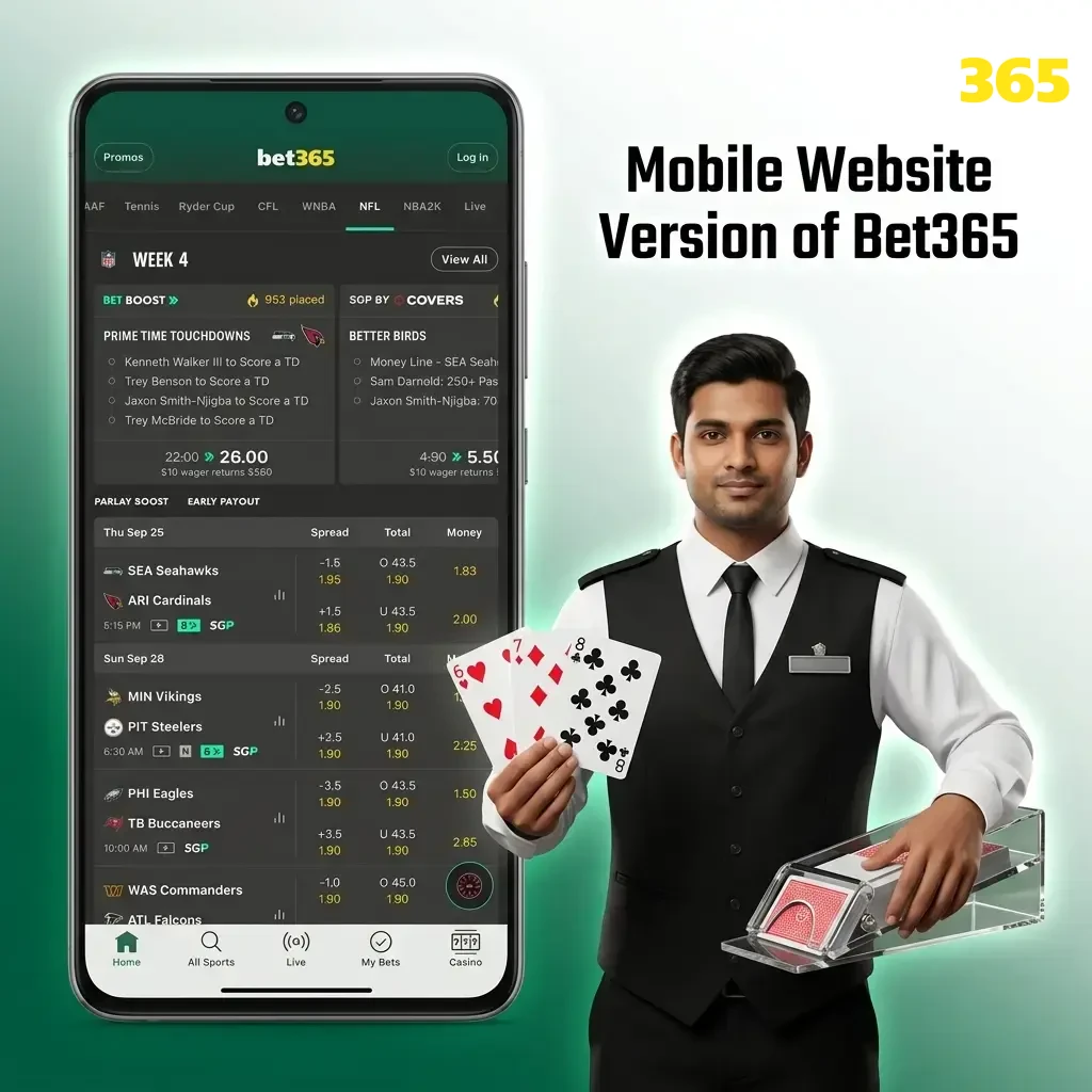 Bet365 mobile website interface on smartphone browser showing sports betting and casino sections