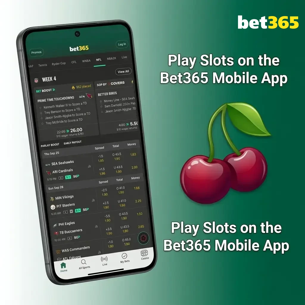 Bet365 mobile app slots lobby on smartphone with touchscreen navigation and full casino features
