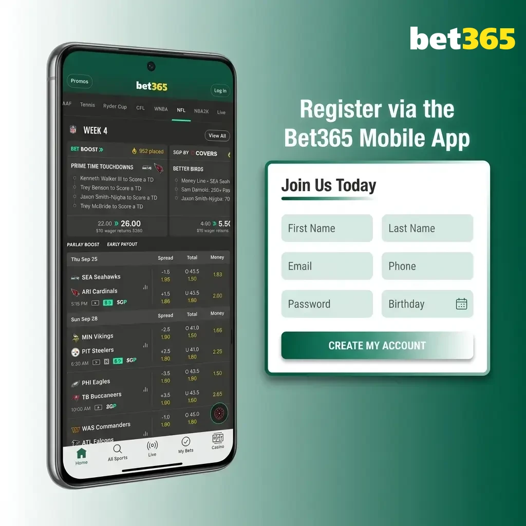Bet365 mobile app registration screen showing Join button and sign-up form optimised for touchscreen input